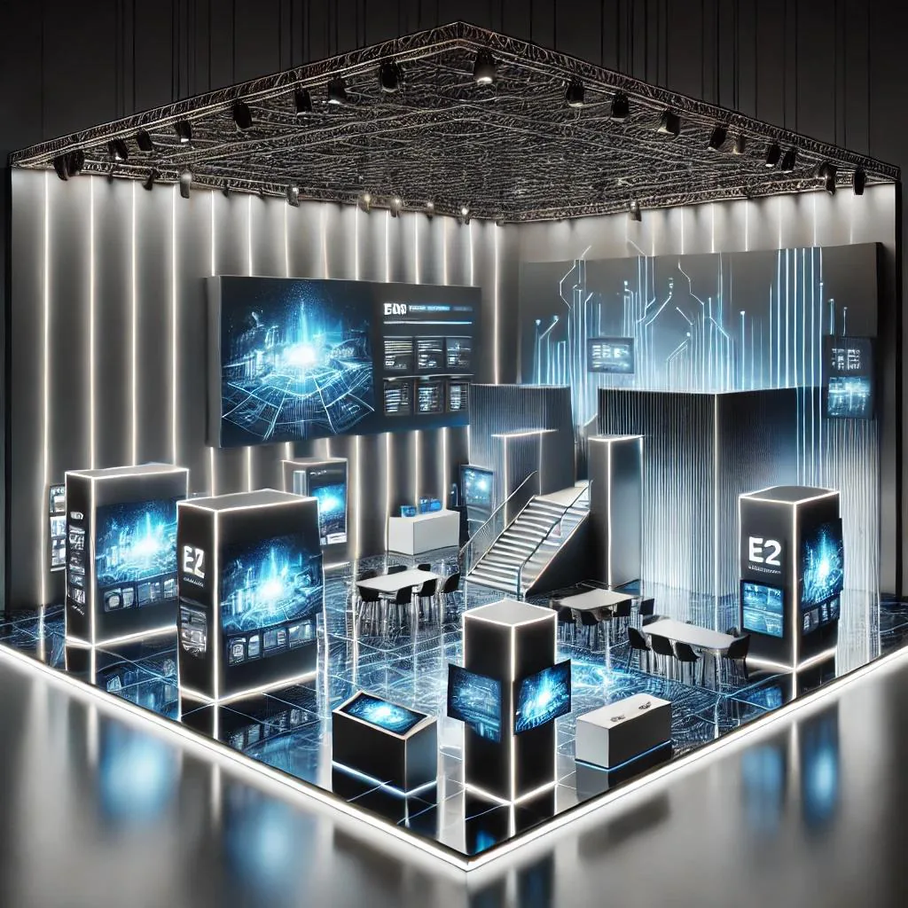 Render de stand con pantallas, módulos de exhibición y estructura iluminada